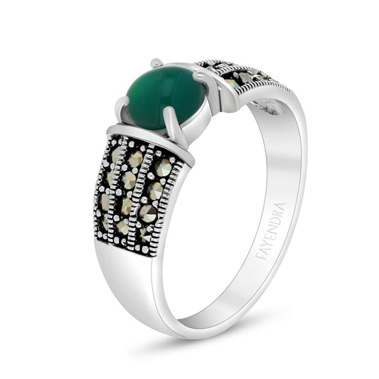Sterling Silver 925 Ring Embedded With Natural Green Agate And Marcasite Stones
