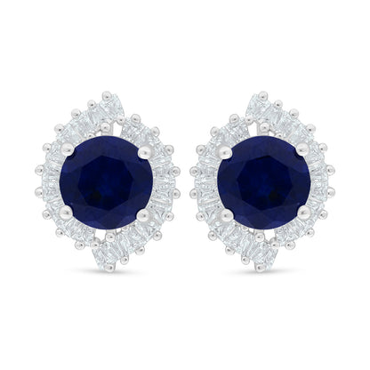 Sterling Silver 925 Earring Rhodium Plated Embedded With Sapphire Corundum And White Zircon