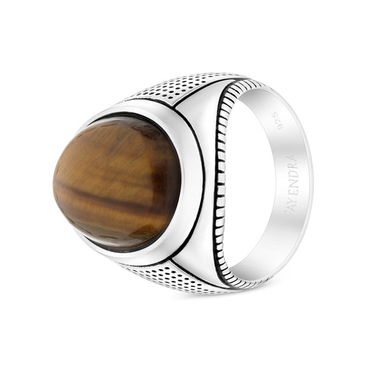 Sterling Silver 925 Ring Rhodium Plated Embedded With Yellow Tiger Eye For Men