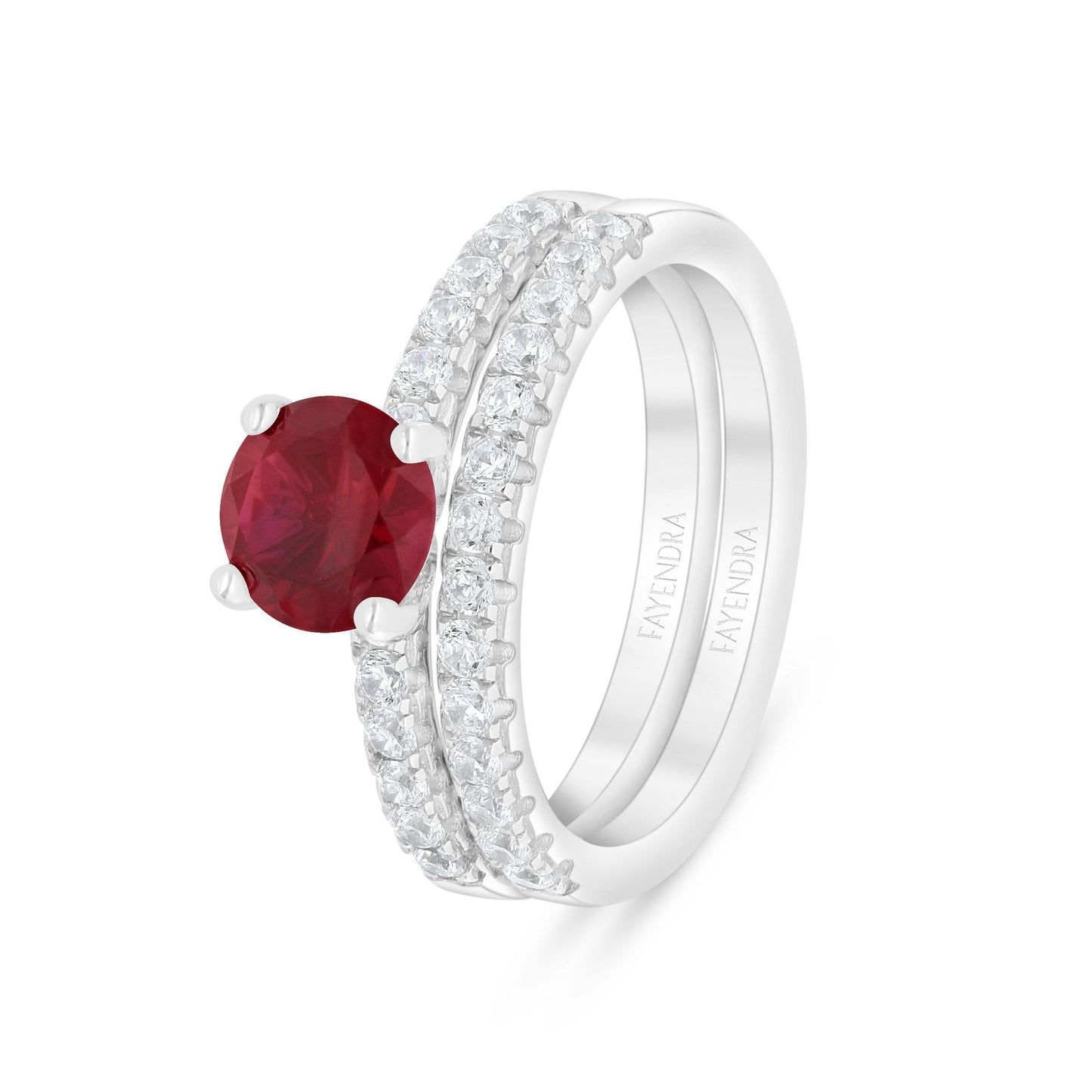 Sterling Silver 925 Ring (Twins) Rhodium Plated Embedded With Ruby Corundum And White Zircon