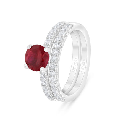 Sterling Silver 925 Ring (Twins) Rhodium Plated Embedded With Ruby Corundum And White Zircon