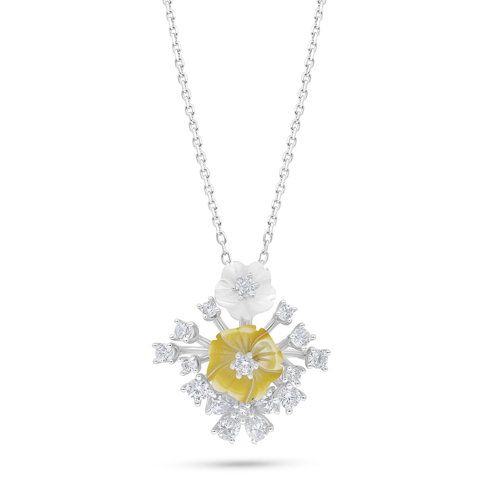 Sterling Silver 925 Necklace Rhodium Plated Embedded With Yellow Shell And White Zircon