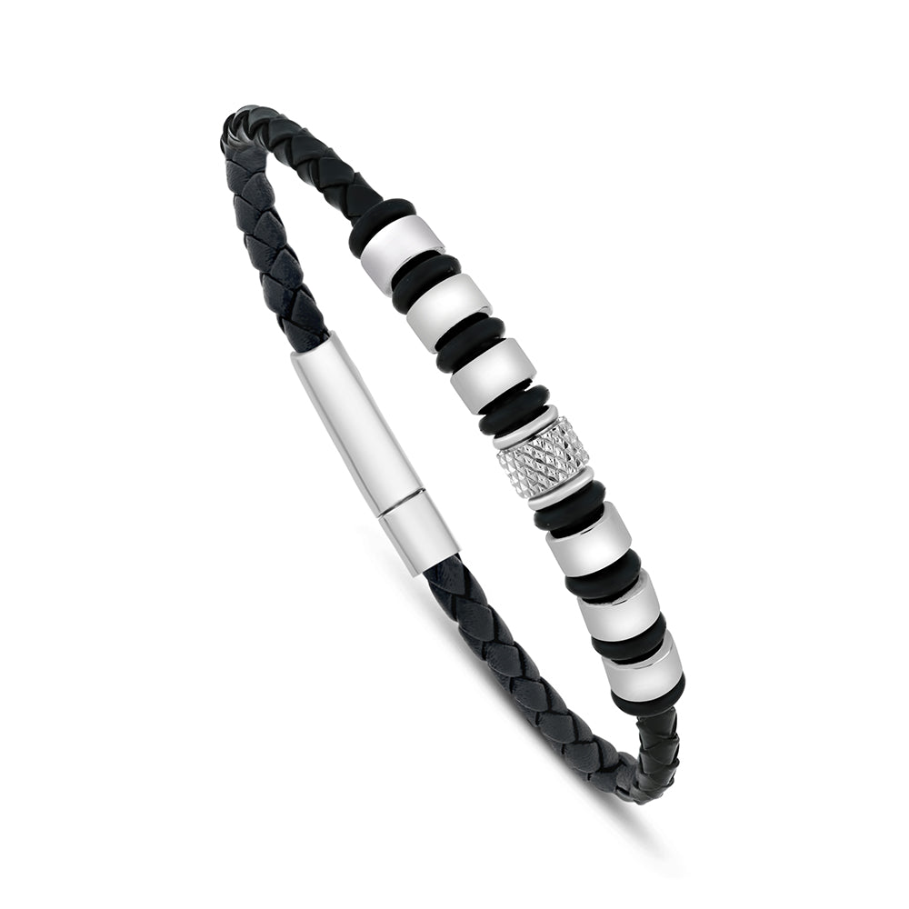 Stainless Steel 316L And 304 L Bracelet, Silver Color Black Leather For Men