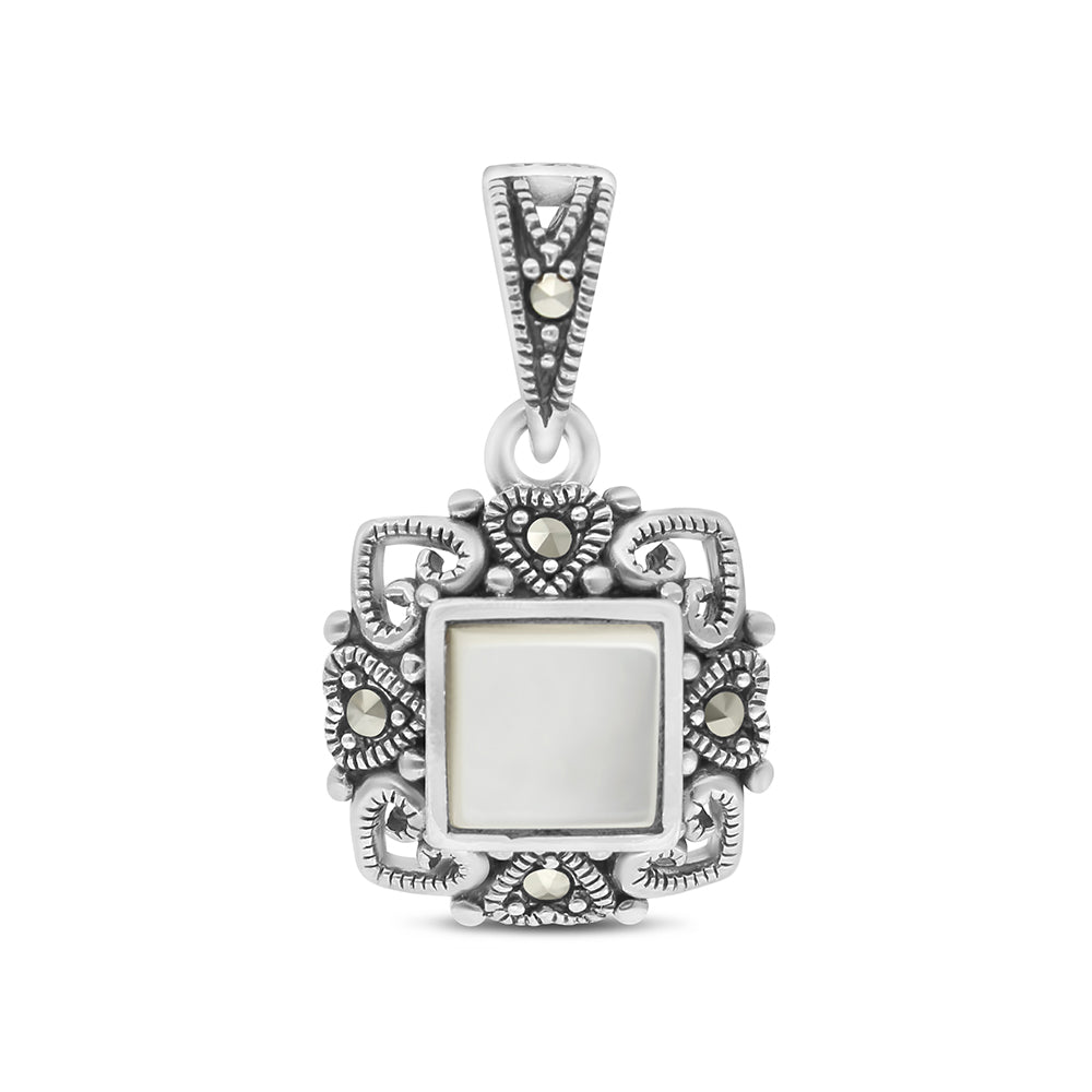 Sterling Silver 925 Pendant Embedded With Natural White Shell And Marcasite Stones