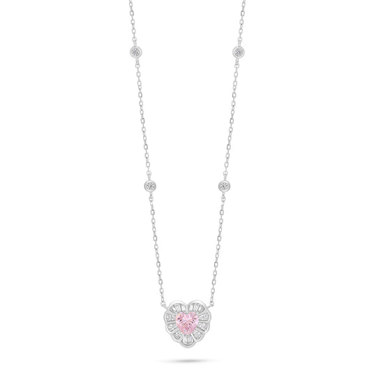 Sterling Silver 925 Necklace Rhodium Plated Embedded With Pink Zircon And White Zircon