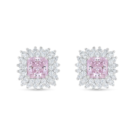 Sterling Silver 925 Earring Rhodium Plated Embedded With Pink Zircon And White Zircon