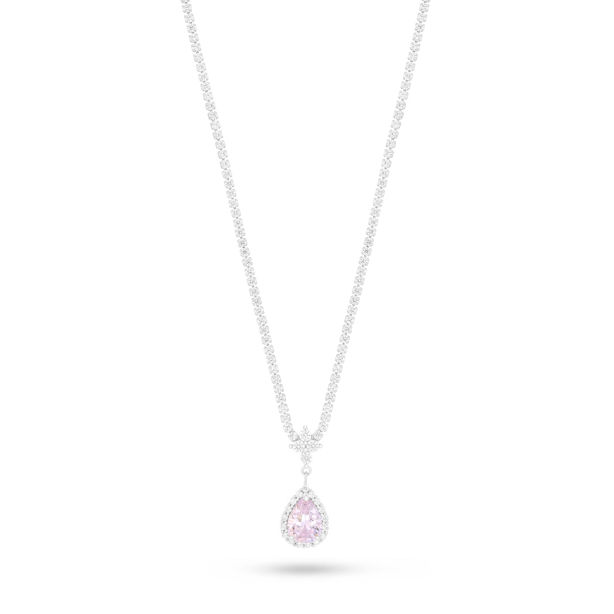 Sterling Silver 925 Necklace Rhodium Plated Embedded With Pink Zircon And White Zircon