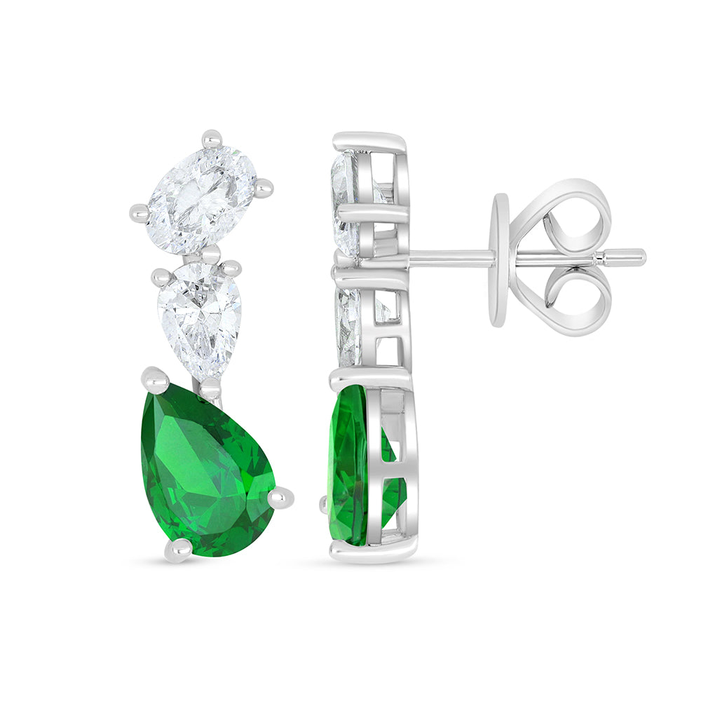 Sterling Silver 925 Earring Rhodium Plated Embedded With Emerald Zircon And White Zircon