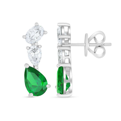 Sterling Silver 925 Earring Rhodium Plated Embedded With Emerald Zircon And White Zircon