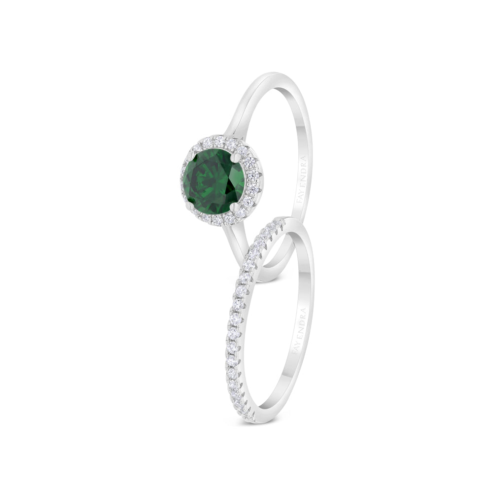 Sterling Silver 925  Ring (Twins) Rhodium Plated Embedded With Emerald Zircon And White CZ