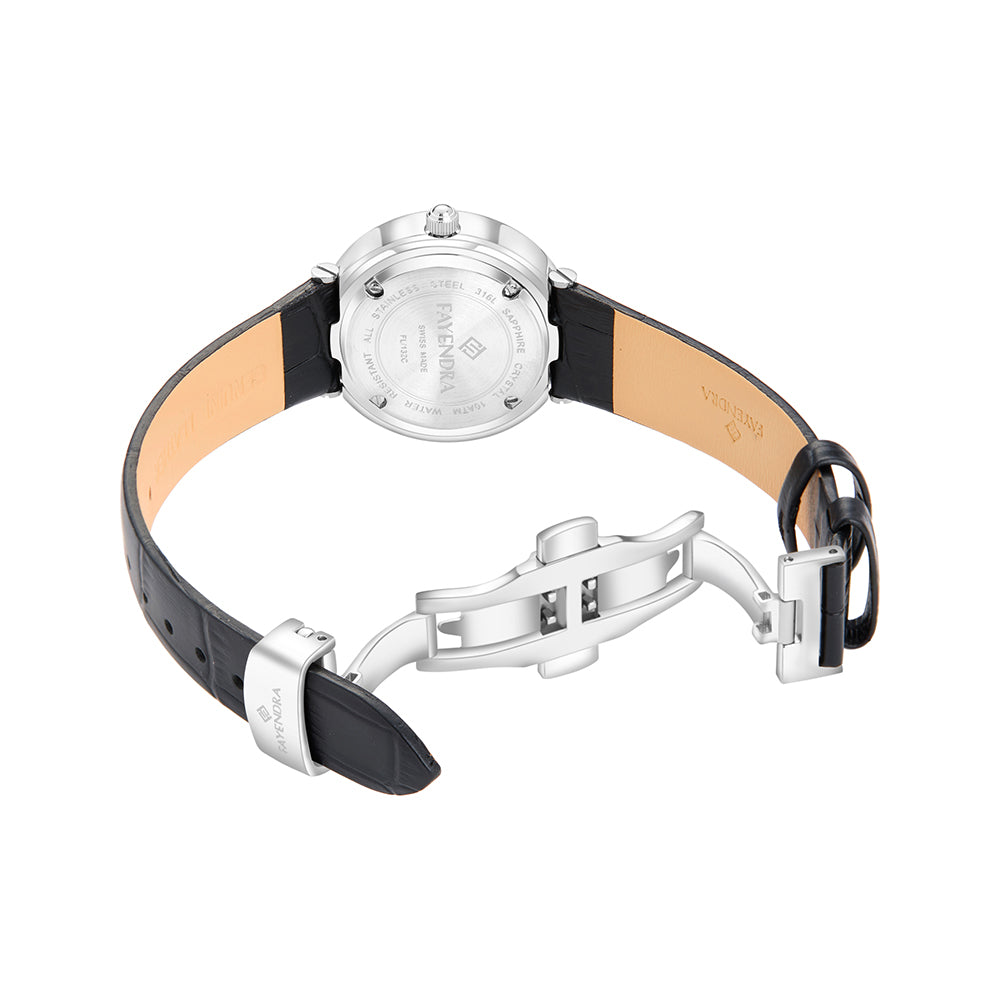 Stainless Steel 316L Watch Silver Color Black Leather And White Zircon - BLACK MOP DIAL