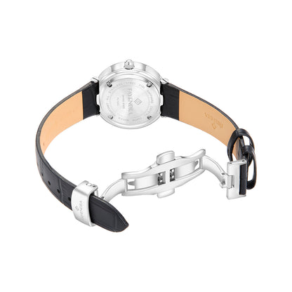 Stainless Steel 316L Watch Silver Color Black Leather And White Zircon - BLACK MOP DIAL