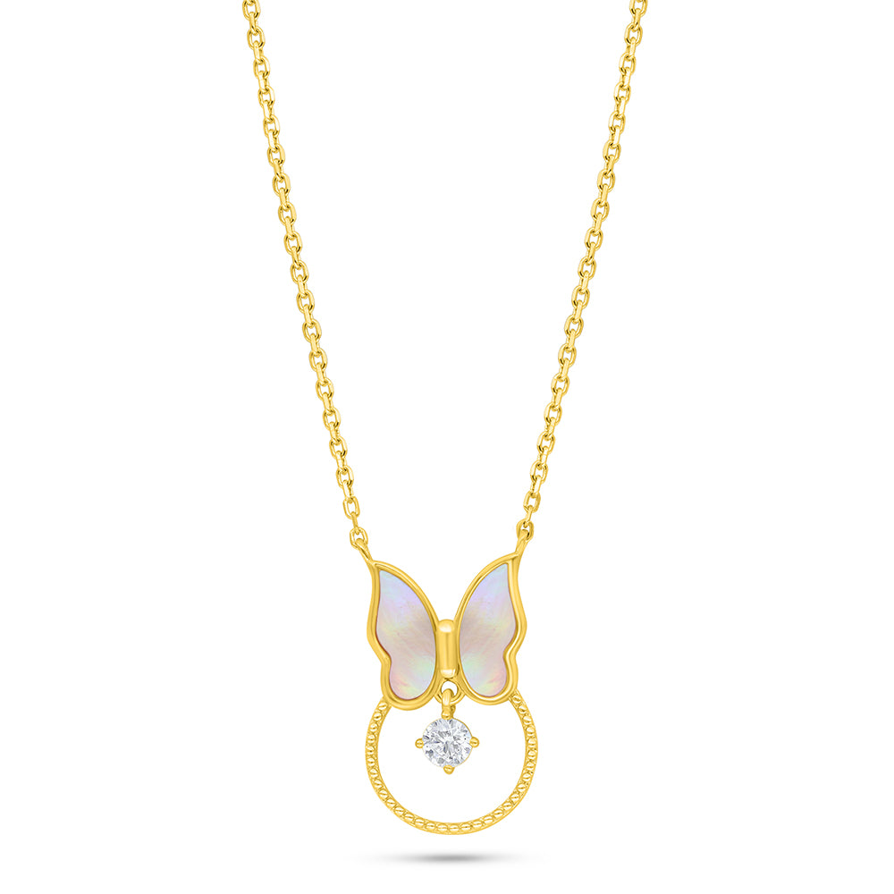 عقد من الفضة الخالصة عيار 925 مطلي ذهبي صدف وردي و فص ابيض