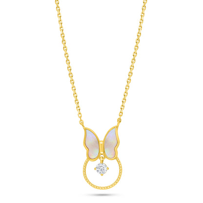 عقد من الفضة الخالصة عيار 925 مطلي ذهبي صدف وردي و فص ابيض