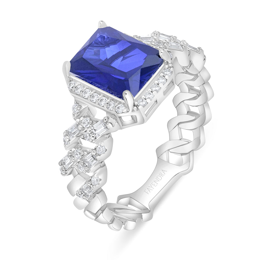 Sterling Silver 925 Ring Rhodium Plated Embedded With Sapphire Corundum And White Zircon