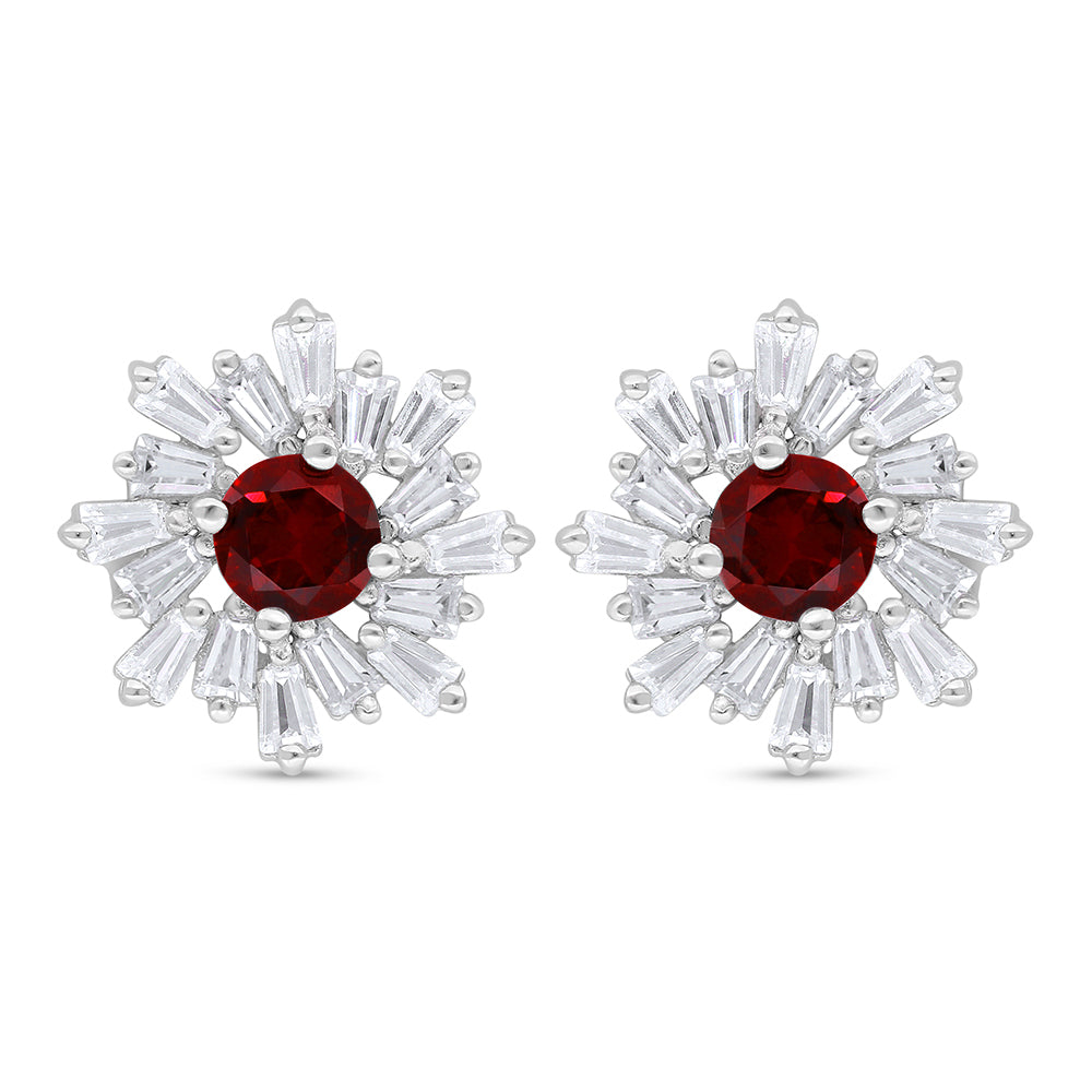 Sterling Silver 925 Earring Rhodium Plated Embedded With Ruby Corundum And White Zircon