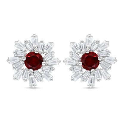 Sterling Silver 925 Earring Rhodium Plated Embedded With Ruby Corundum And White Zircon