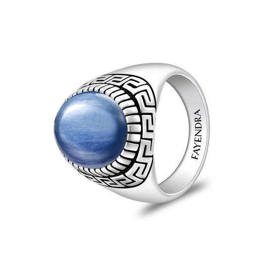 Sterling Silver 925 Ring Rhodium And Black Plated Embedded With Cabochon Natural Kyanite For Men