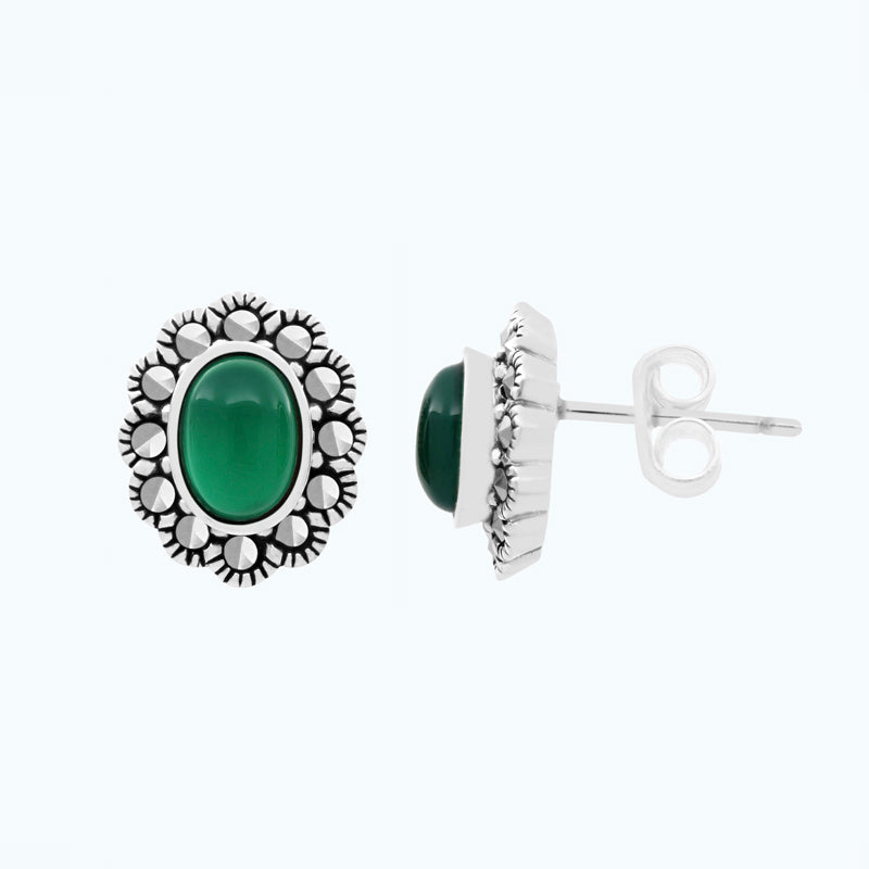 Sterling Silver 925 Earring Embedded With Natural Green Agate And Marcasite Stones