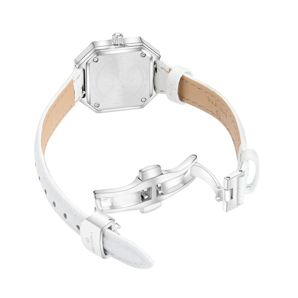 Stainless Steel 316L Watch Silver Color White Leather Embedded With White Zircon - WHITE MOP DIAL