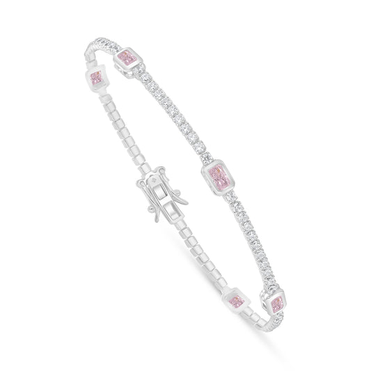 Sterling Silver 925 Bracelet Rhodium Plated Embedded With Pink Zircon And White Zircon