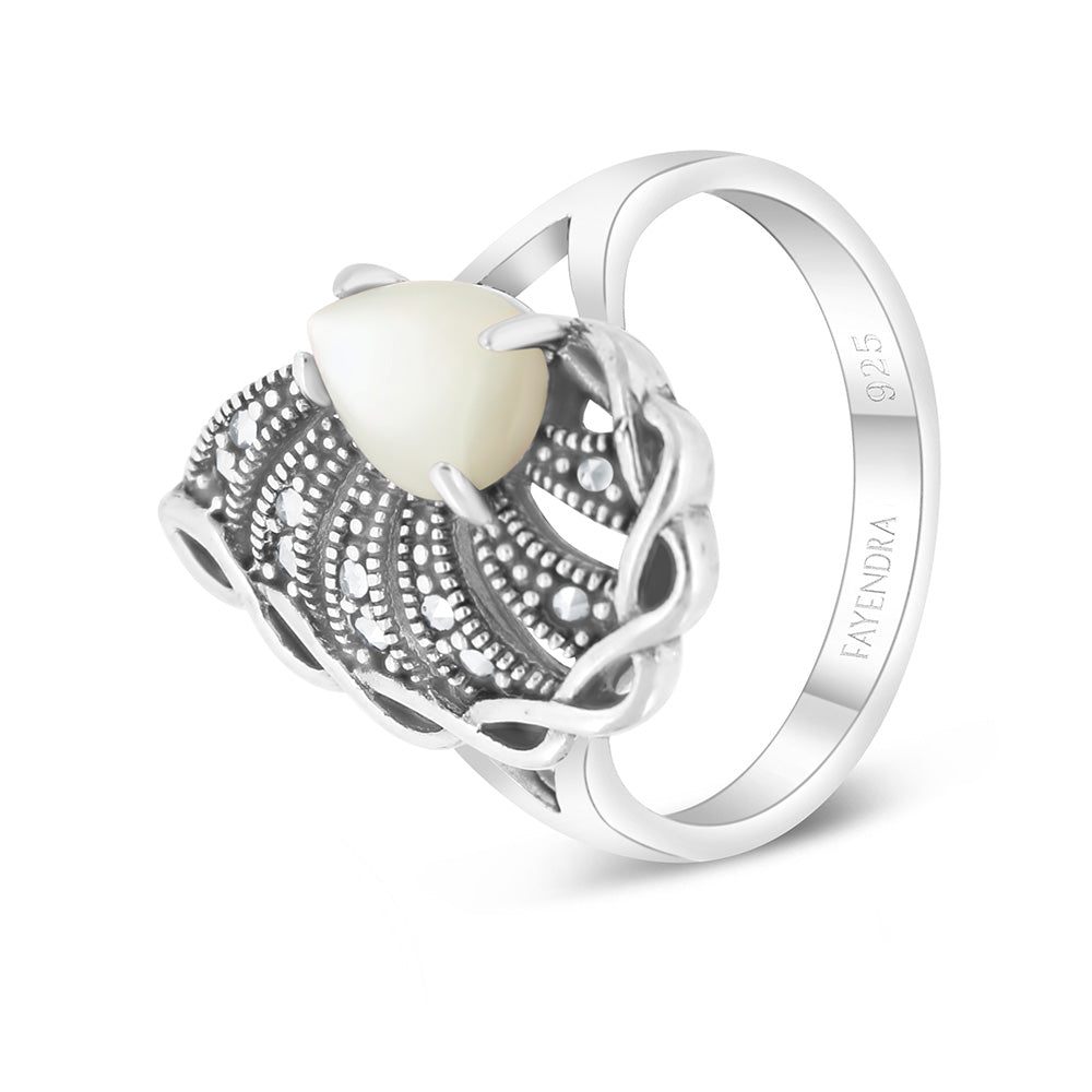 Sterling Silver 925 Ring Embedded With Natural White Shell And Marcasite Stones