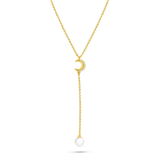 Sterling Silver 925 Necklace Golden Plated Embedded With Natural White Pearl And White Zircon