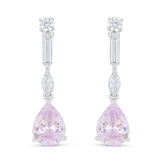 Sterling Silver 925 Earring Rhodium Plated Embedded With Pink Zircon And White Zircon