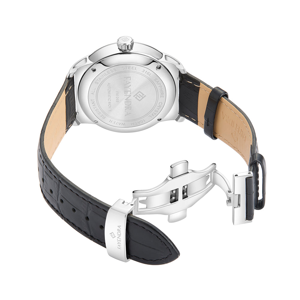 Stainless Steel 316L Watch Silver Color Black Leather For Men - WHITE MOP DIAL