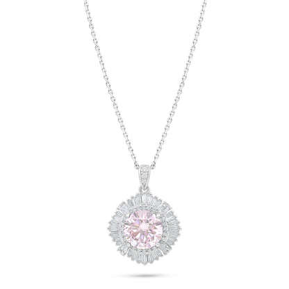 Sterling Silver 925 Necklace Rhodium Plated Embedded With Pink Zircon And White Zircon