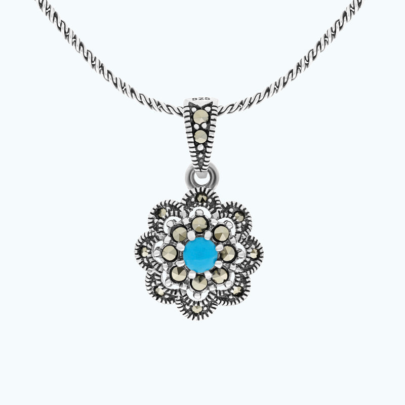 Sterling Silver 925 Pendant Embedded With Natural Processed Turquoise And Marcasite Stones