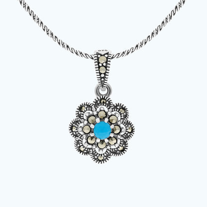 Sterling Silver 925 Pendant Embedded With Natural Processed Turquoise And Marcasite Stones