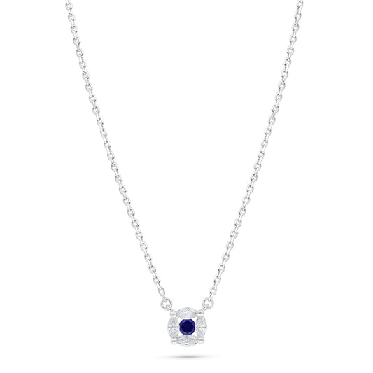 Sterling Silver 925 Necklace Rhodium Plated Embedded With Sapphire Corundum And White Zircon
