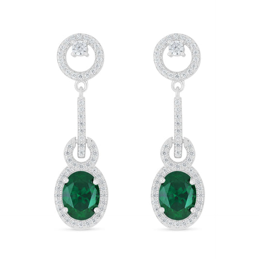 Sterling Silver 925 Earring Rhodium Plated Embedded With Emerald Zircon And White Zircon
