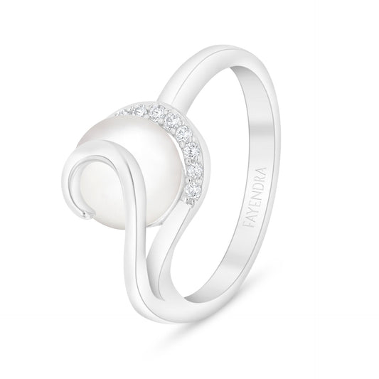 Sterling Silver 925 Ring Rhodium Plated Embedded With Natural White Pearl And White Zircon