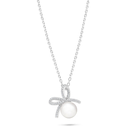 Sterling Silver 925 Necklace Rhodium Plated Embedded With White Shell Pearl And White Zircon