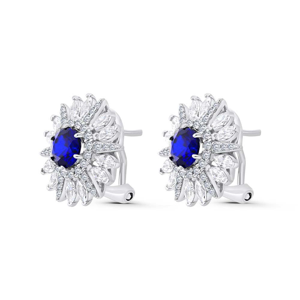Sterling Silver 925 Earring Rhodium Plated Embedded With Sapphire Corundum And White Zircon