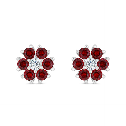 Sterling Silver 925 Earring Rhodium Plated Embedded With Ruby Corundum And White Zircon
