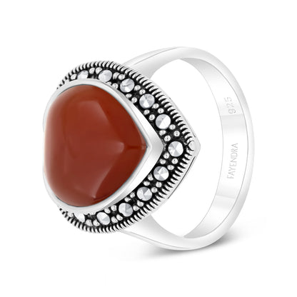 Sterling Silver 925 Ring Embedded With Natural Aqiq And Marcasite Stones
