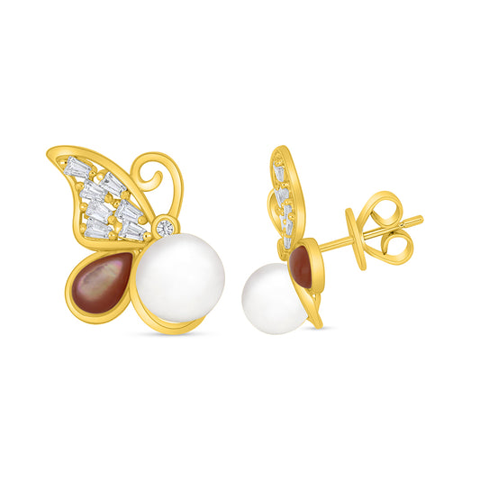 اقراط من الفضة الخالصة عيار 925 مطلية ذهبي مرصعة لولو ابيض طبيعي و صدف وردي و فص ابيض