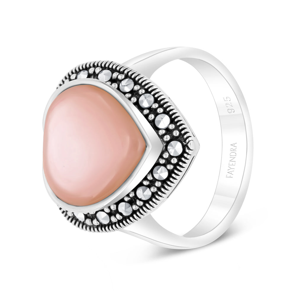 Sterling Silver 925 Ring Embedded With Natural Pink Shell And Marcasite Stones