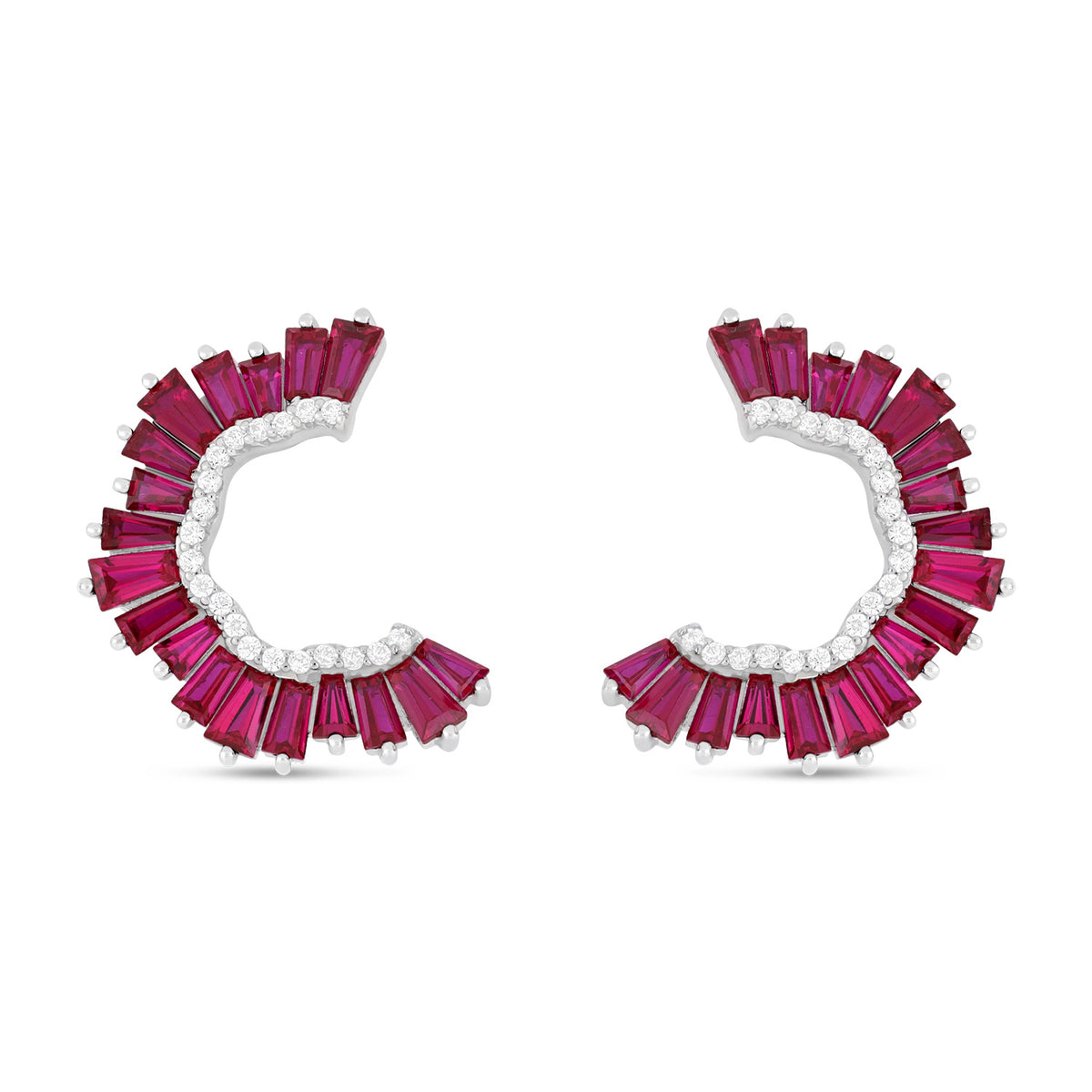 Sterling Silver 925 Earring Rhodium Plated Embedded With Ruby Corundum And White Zircon