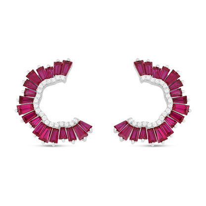 Sterling Silver 925 Earring Rhodium Plated Embedded With Ruby Corundum And White Zircon