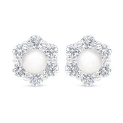 Sterling Silver 925 Earring Rhodium Plated Embedded With Natural White Pearl And White Zircon