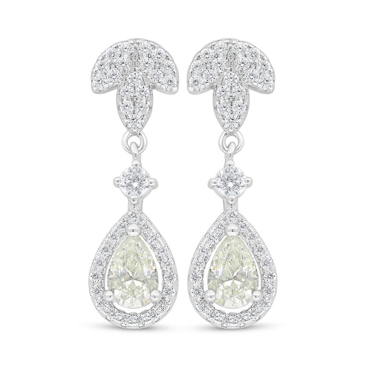 Sterling Silver 925 Earring Rhodium Plated Embedded With Yellow Diamond And White Zircon