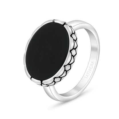 Sterling Silver 925 Ring Rhodium And Black Plated Embedded With Black Agate For Men