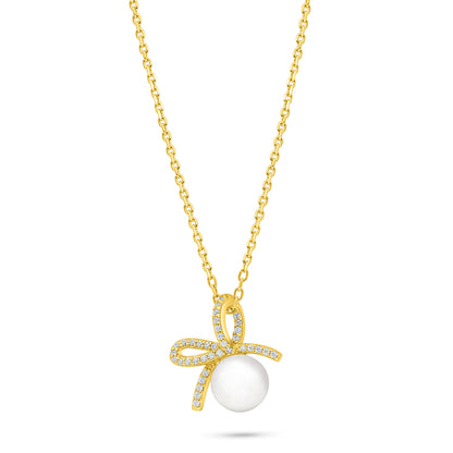 Sterling Silver 925 Necklace Golden Plated Embedded With White Shell Pearl And White Zircon