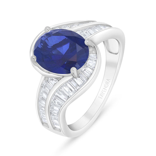 Sterling Silver 925 Ring Rhodium Plated Embedded With Sapphire Corundum And White Zircon