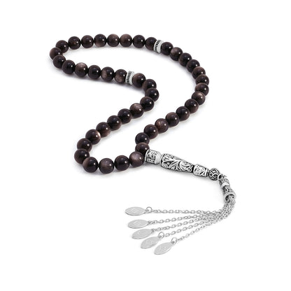 Silver Obsidian Rosary 45 Beads Premium Grade 8 mm With Stainless Steel 316L Set (Silver & Black Plated)