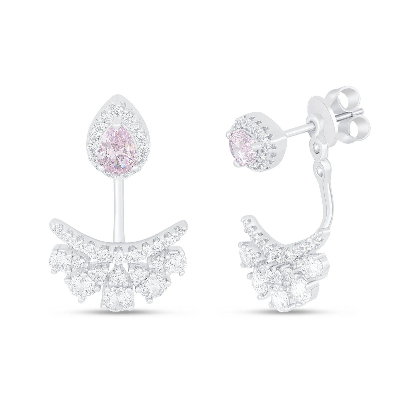 Sterling Silver 925 Earring Rhodium Plated Embedded With Pink Zircon And White Zircon